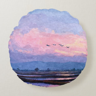 Roze Schemer Vlucht Waterverf Landschaps Kussen