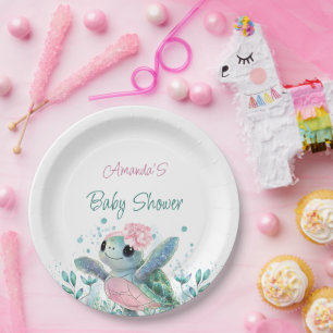 Roze Schildpad Meisje Baby Shower Papieren Bordje