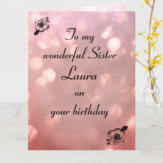 Roze schittering moderne Happy Birthday Sister Kaart (Gele Bloem)