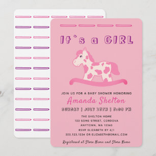 Roze Schommelend Paard Meisje Baby Shower Uitnodig Kaart