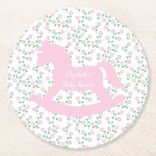Roze Schommelpaard Meisje Baby Shower Ronde Kartonnen Onderzetter (Voorkant)