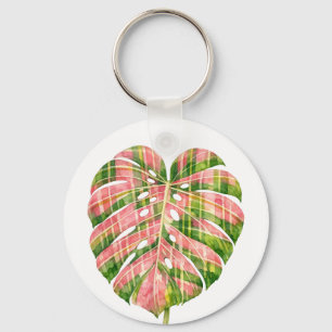 Roze Schotse Monstera Aquarel Botanisch Tartan Sleutelhanger