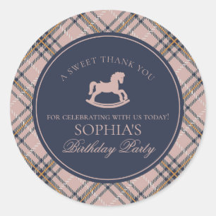 Roze Schotse Tartan Schommelpaard Verjaardags Cade Ronde Sticker
