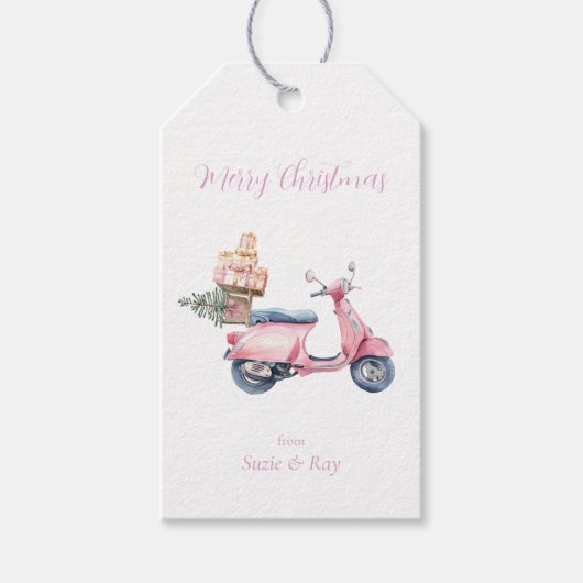 Roze scooter kerstinkopen cadeaulabel (Voorkant)