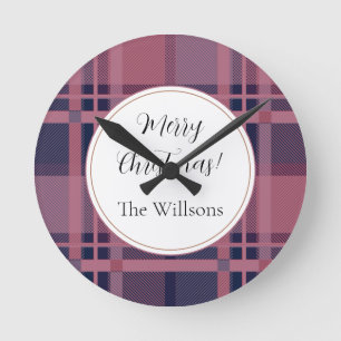 Roze Scottish Lady Tartan Pattern Kerst Ronde Klok