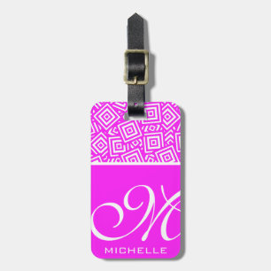 Roze Script BW Vierkante Stapel Monogram Bagagelabel