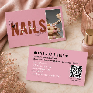 Roze Script Foto Qr-Code Lijn-Kunst Nagel Salon Visitekaartje