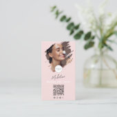 Roze Script Logo QR Code Foto Make-up Visitekaartje (Staand voorkant)