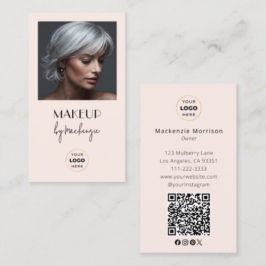 Roze Script Logo QR Code Foto Make-up Visitekaartje (Voorkant / Achterkant)