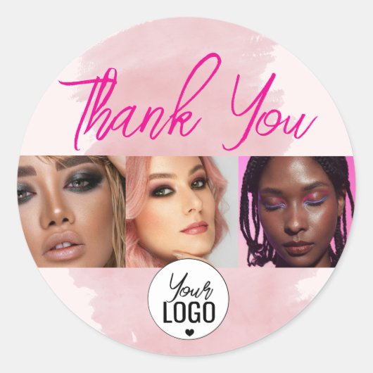 Roze Script Logo QR Code Foto Waterverf Make-up Ronde Sticker (Voorkant)