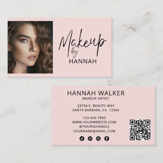 Roze Script Sociale Icoon QR Code Foto Make-up Visitekaartje (Voorkant / Achterkant)
