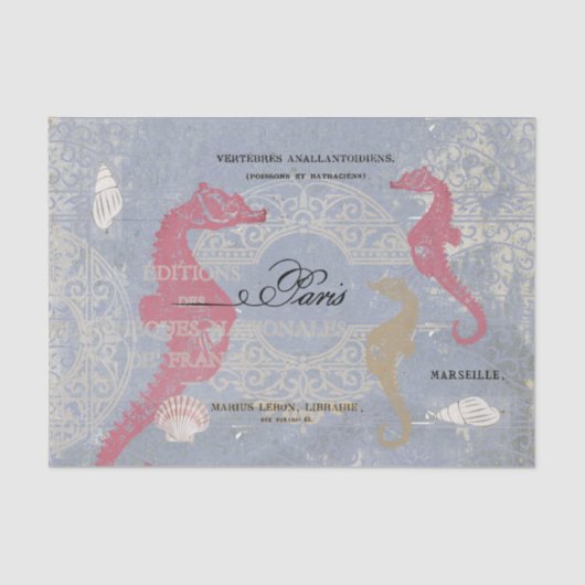 Roze Seahorse Zee Shell Blauw Frans Decoupage Idee Tissuepapier (Voorkant)