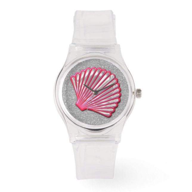 Roze Seashell Zilver Faux Glitter Horloge (Voorkant)