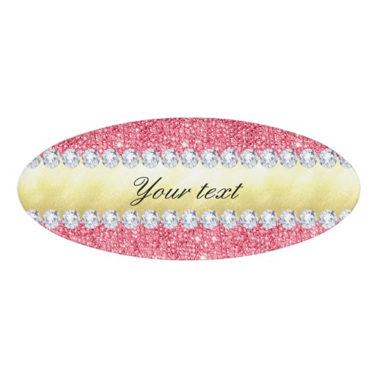 Roze Sequins Gold Foil en Diamonds Naambadge (Voorkant)