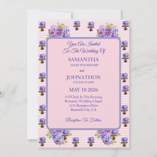 Roze Shabby Chic Flower Viola Huwelijksuitnodiging Kaart (Voorkant)