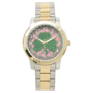 Roze Shamrock op Celtic Knots Watch Horloge