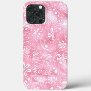 Roze Shimmer Modern Girly Paisley Personalized iPhone 13 Pro Max Hoesje