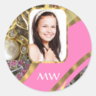 Roze sieraden gepersonaliseerde achtergrond ronde sticker