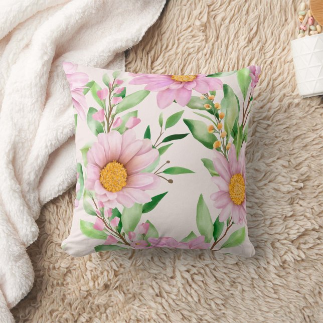 Roze Sierkussen van Floral (Pink Flowers and green leaves floral pillow!)