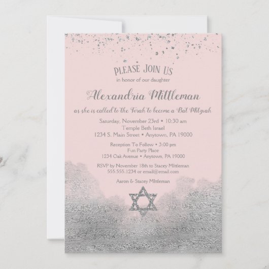 Roze Silver Bat Mitzvah Uitnodiging (Voorkant)