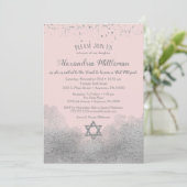 Roze Silver Bat Mitzvah Uitnodiging (Staand voorkant)