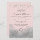 Roze Silver Bat Mitzvah Uitnodiging (Voorkant / Achterkant)
