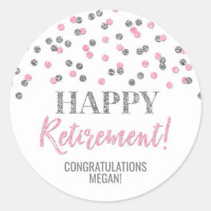 Roze Silver Confetti Happy Retirement Ronde Sticker