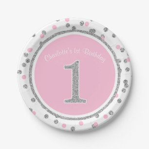 Roze Silver Faux Glitter Confetti 1st Birthday Papieren Bordje