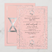 Roze Silver Glitter Confetti Border Bat Mitzvah Kaart (Voorkant / Achterkant)