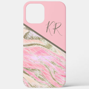 Roze Silver Glitter Marble Pattern Monogramed iPhone 12 Pro Max Hoesje
