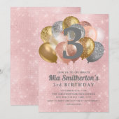 Roze Silver Gold Balloons Girl's 3e verjaardag Kaart (Voorkant / Achterkant)