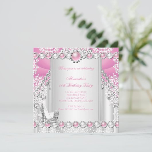 Roze Silver High Heels Parelplein 3 Kaart (Staand voorkant)