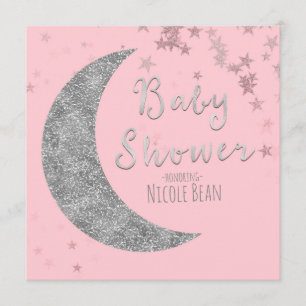 Roze & Silver Moon & Stars Baby Shower-uitnodiging Kaart