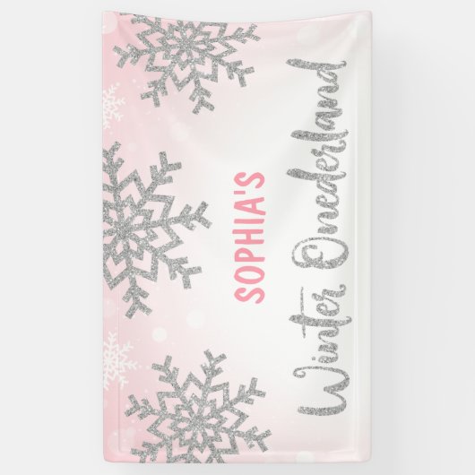 Roze Silver Winter ONEderland 1e verjaardag Spandoek (Verticaal)