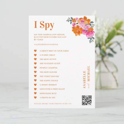 Roze & Sinaasappel Bloemen Bruiloft I Spy Hunt Gam Kaart (Staand voorkant)