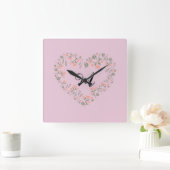Roze Sinaasappel Bloemen en Groen Hart Monogram Vierkante Klok (Huis)