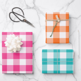 Roze Sinaasappel en Blauwe Gingham Check Plaid Inpakpapier Vel