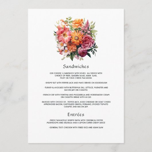 Roze, Sinaasappel en groene bloemenbruiloft Menu (Achterkant)