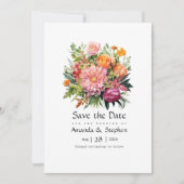 Roze, Sinaasappel en groene bloemenbruiloft Save The Date (Voorkant)