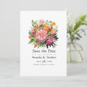 Roze, Sinaasappel en groene bloemenbruiloft Save The Date (Staand voorkant)