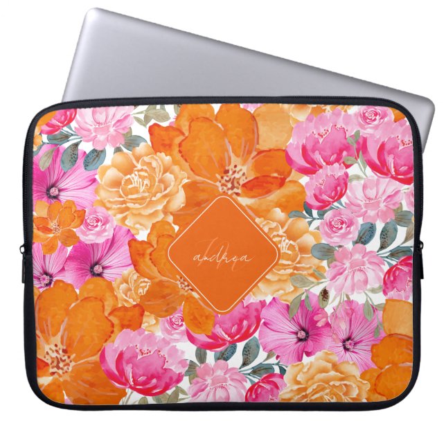 Roze & Sinaasappel Levendige Zomertuin Monogram Bl Laptop Sleeve (Voorkant)