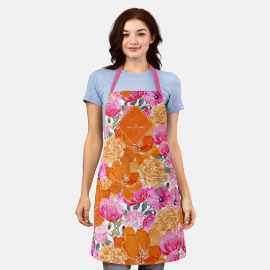 Roze & Sinaasappel Levendige Zomertuin Monogram Bl Schort (Gedragen)