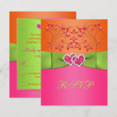 Roze, Sinaasappel, Limoen Bloemen Gevoegde harten  RSVP Kaartje (Voorkant / Achterkant)