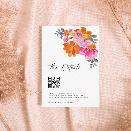 Roze Sinaasappel Modern Script QR Code Bruiloft De Informatiekaartje