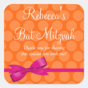 Roze Sinaasappel Polka Dot Gedrukt Bow Bat Mitzvah Vierkante Sticker