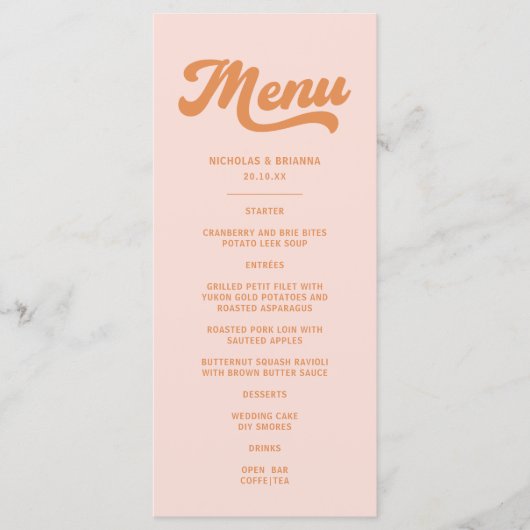  roze Sinaasappel Retro bruiloft Menu (Voorkant)