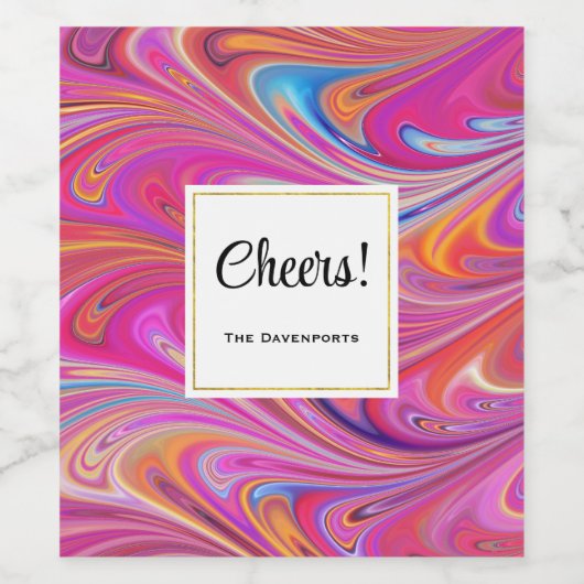 Roze Sinaasappel Swirls Groovy Design Cheers Wijn Etiket (Enkel label)