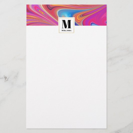 Roze Sinaasappel Swirls Groovy Design Monogram Briefpapier (Voorkant)