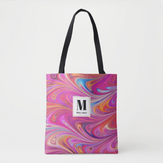 Roze Sinaasappel Swirls Groovy Design Monogram Draagtas (Voorkant)