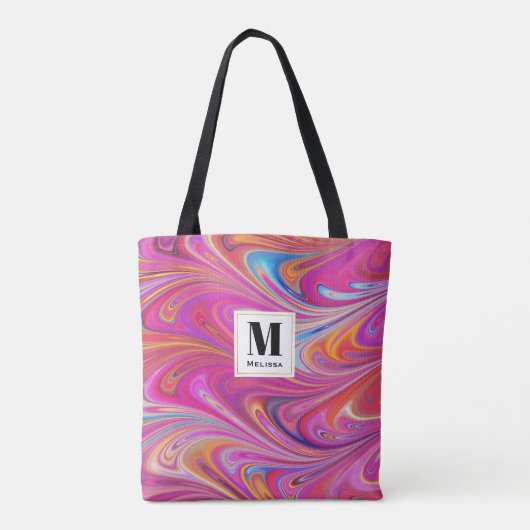 Roze Sinaasappel Swirls Groovy Design Monogram Draagtas (Achterkant)